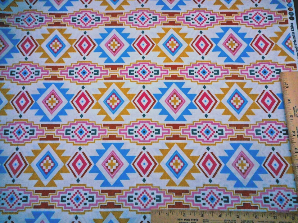 Southwest Fabric 7/8 Yard Blue Pink Gold White Aztec Tribal Premium Cotton - Image 1 of 2