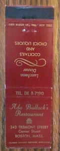 BOSTON, MASSACHUSETTS MATCHBOOK COVER: ADA BULLOCK'S RESTAURANT MATCHCOVER -D - Picture 1 of 2