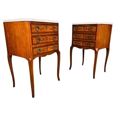 French Napoleon III Marquetry Marble Top Nightstands Or End Tables Circa 1910 - Image 1 of 4