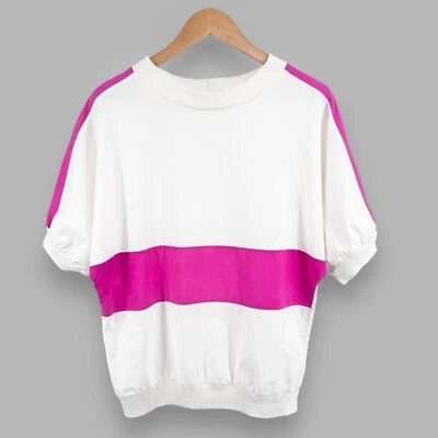 Vintage 80s Asher III Women Color Block Top Medium White Pink Cotton Linen Retro - Image 1 of 4