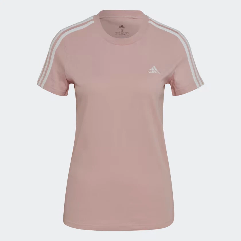 ADIDAS WOMENS T SHIRT SLIM 3 STRIPES TOP CASUAL GYM SPORTS T-SHIRT PINK XS-XL - Image 1 of 4