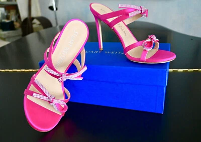 NIB $550 Stuart Weitzman Hot Pink Satin Bow Slide Strappy High Heel Sandals 10 - Image 1 of 4