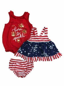Infant Girls 3 Piece Patriotic Born To Sparkle Romper & Dress With Panty 12m - Picture 1 of 3