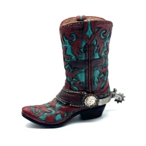Western Cowboy Boot Vase Burnt Red & Turquoise Decorative Flower Pot - Picture 1 of 7