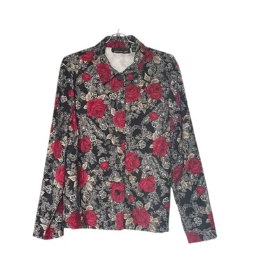 Chaqueta Briggs New York Negra Estampado Floral Imitación Gamuza Abotonada Para Mujer’s Grande Foto 1 de 4