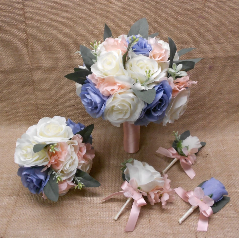 Wedding Silk Flower Bridal Bouquets Ivory Cream Pink Blush Dusty Blue Eucalyptus - Image 1 of 4