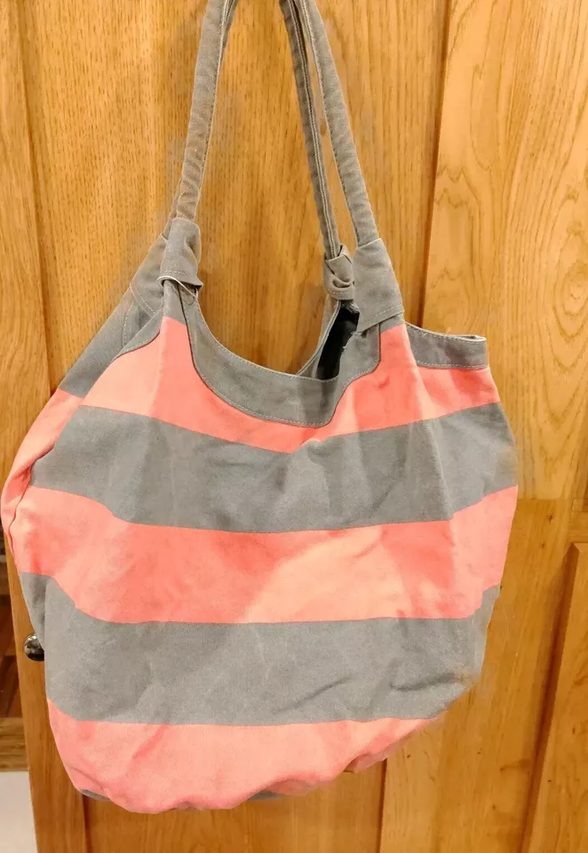 Vintage ROXY  Stripe Coral Gray Beach Tote Shoulder Carryall Weekend Bag B21 - Image 1 of 4