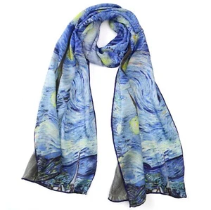 Long Charmeuse Silk Scarf Classic Art Print Starry Night by Van Gogh - Picture 1 of 6
