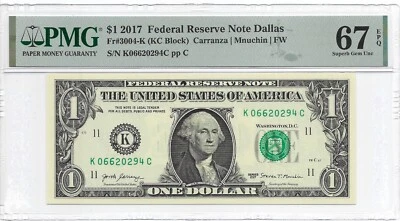 2017 $1 DALLAS FRN. PMG SUPERB GEM Uncirculated 67 EPQ Banknote. - Image 1 of 2