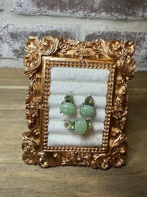 Juego de pendientes y anillos de piedras preciosas de jade (jadeíta) y turmalina talla 7 de plata de ley Foto 1 de 4