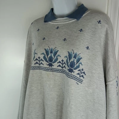 Suéter Jerzees Vintage Mujer Extra Grande Gris Azul Cuello Floral Pullover Años 90 Foto 1 de 4