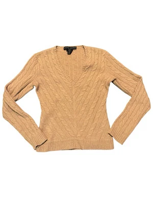 Suéter para mujer Ralph Lauren Black Label color tostado doblado 100 % cachemir tejido con cable mediano Foto 1 de 4