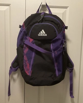 Mochila deportiva Adidas negra con ribete púrpura casco de murciélago guante bolsa con gancho usada en excelente estado Foto 1 de 4