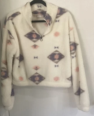 Acogedor Suéter de Felpa con Cremallera en Cuarto con Estampado Geométrico Suave Sherpa Talla L NUEVO Foto 1 de 4
