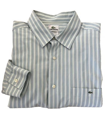 Camisa social masculina LACOSTE manga longa azul cinza branca listrada botão para baixo tamanho 42 L - Imagem 1 de 4
