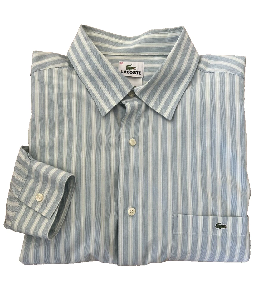 Camisa de Vestir LACOSTE Para Hombre Manga Larga Azul Gris Blanco Rayas Con Botones Talla 42 L Foto 1 de 4