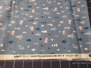 Cotton Fabric 1 Fat  Quarter Pink Bunnies on Blue with Trees Approx 18" x 21" - Picture 1 of 3