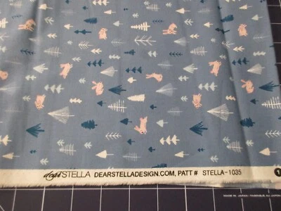 Cotton Fabric 1 Fat  Quarter Pink Bunnies on Blue with Trees Approx 18" x 21" - Image 1 of 3