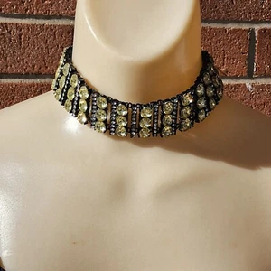 Zara Crystal Statement Wide Choker Necklace All Black Metal Goth Boho Rhinestone - Picture 1 of 18