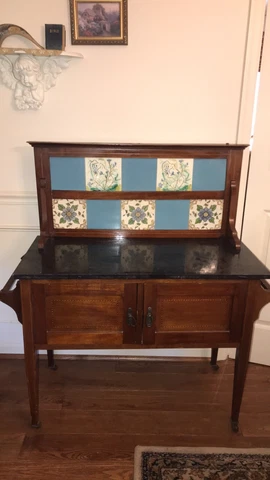 Antique Vintage English Marble Top Wash Stand Cabinet w/Original Tile Back Cover