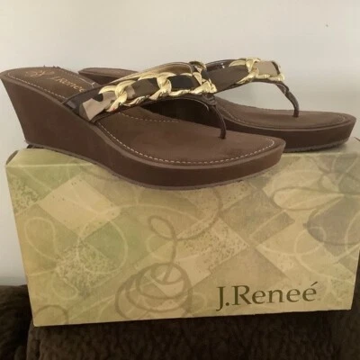 J.Renee Brown Wedge Flip Flops Sandals, NEW in Box, Size 8 M, Camo - Image 1 of 4