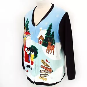 New Quacker Factory Hand Applique Ugly Sweater Cardigan Santa Deer Christmas 2X - Picture 1 of 12