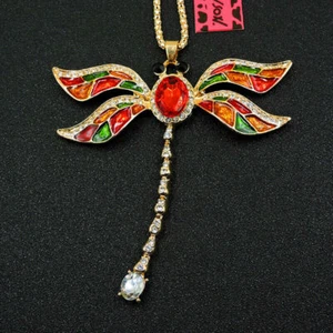 Betsey Johnson Crystal Rhinestone Enamel Dragonfly Pendant Necklace USA SELLER - Picture 1 of 3