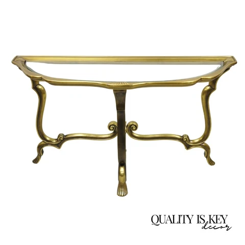 Vintage Italian Brass Hollywood Regency Glass Top Console Sofa Hall Table Cover