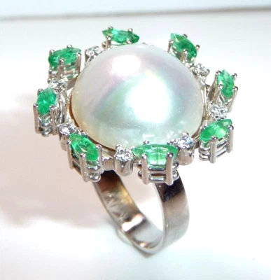 Ring Mabé-Perle 750 Gold 0.25ct. Diamanten 0.75 ct Smaragde  Gr. 52 ist änderbar - Bild 1 von 4