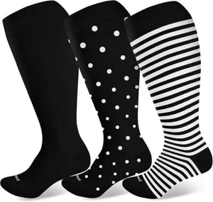 3 Pair Levsox Plus Size Compression Socks Knee High Wide Calf 20-30 mmHg L Black - Picture 1 of 4