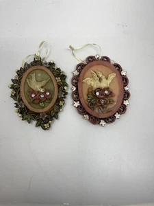 Vintage Set of 2 Medallions Floral Rose & Dove Ornaments - Picture 1 of 5