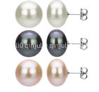3 Pairs 7-8MM White Pink Black Freshwater Pearl Sterling Silver Earrings JE154