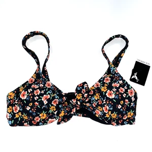 SEA ANGEL Black Floral Multicolor Bikini Top Nylon Spandex Size LG Front Tie NWT - Picture 1 of 5