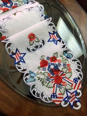 Patriotic Table Runner Memorial Day Table Runner 69"x13" Embroider Stars Stripes - Image 1 of 4