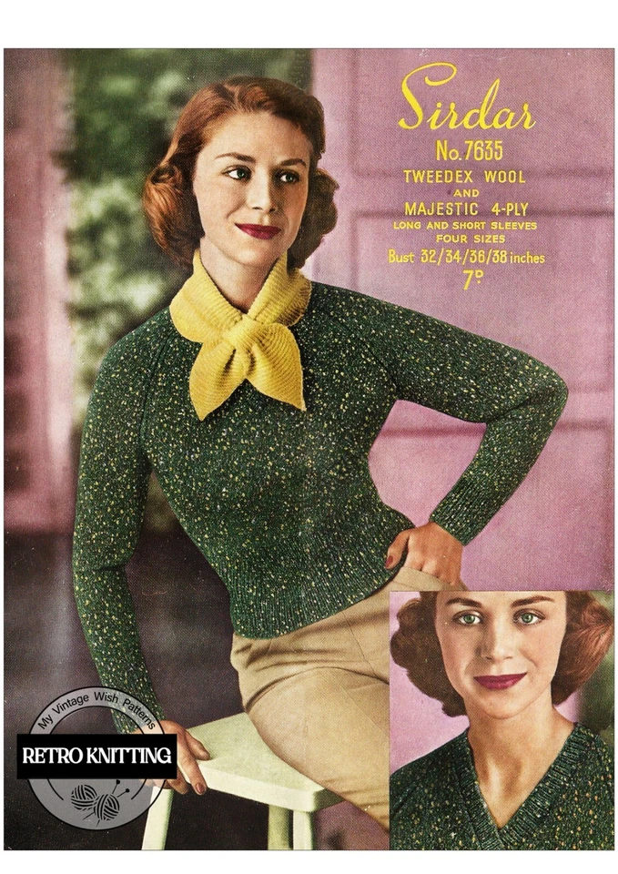 1950s Vintage V-Neck Sweater & Miss Marple Scarf Knitting Pattern | Multi-Size - Image 1 of 2