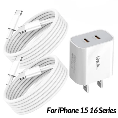 PD 40W Fast Charger For iPhone 15 16 17 Series Dual USB-C Block Data Sync Cable - Image 1 of 4