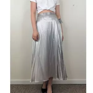 NWT Vintage Silver Satin Pleated Midi Maxi A-Line Skirt - Picture 1 of 8
