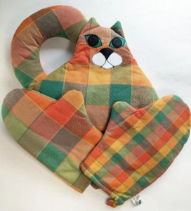 Czech Republic Handmade Vintage Cat Tea Cozy Appliance Cover 2 Oven Mitts Autumn - Picture 1 of 10