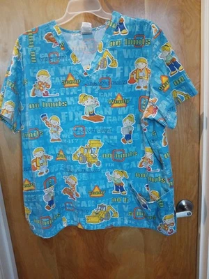 WOMAN'S 2XL SCRUB TOP SHIRT BOB THE BUILDER THEMED  POCKETS - Image 1 of 4