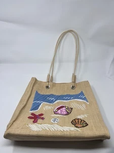 Unbranded Women Bag Ocean Embroidered Straw Silver Hardwear Pocket Square Sequin - Picture 1 of 6