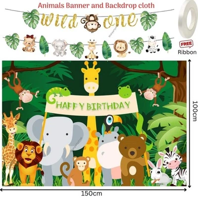 Animales Banner Tarjetas Selva Telón de Fondo Tela Niños Cumpleaños Fiesta Banner Decoración Foto 1 de 2