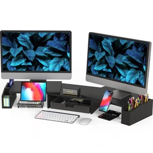 Desk Dual Monitor Stand Riser with Drawer, Black - Picture 1 of 5