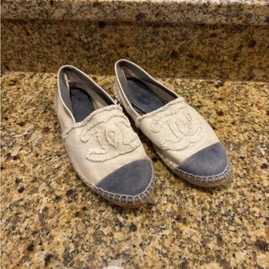 Chanel Creme Raw Canvas CC Espadrille Flats Größe 36 US 6 Blau Zehe - Bild 1 von 8