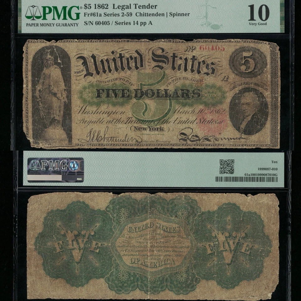 SC 1862 $5 Fr.61a Legal Tender Early Civil War Issue Spinner Sig. PMG 10 (405) - Image 1 of 4