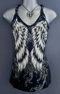 New Womens CRYSTAL BLACK BIKER ANGEL WINGS BRAIDED TANK TOP S M L XL 1X 2X 3X - Picture 1 of 4