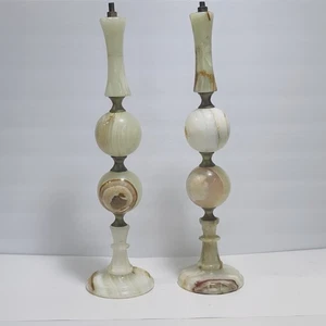 Pair VTG Onyx Marble Lamps Brass accents No Wiring/Shade Restoration 18" - Picture 1 of 24