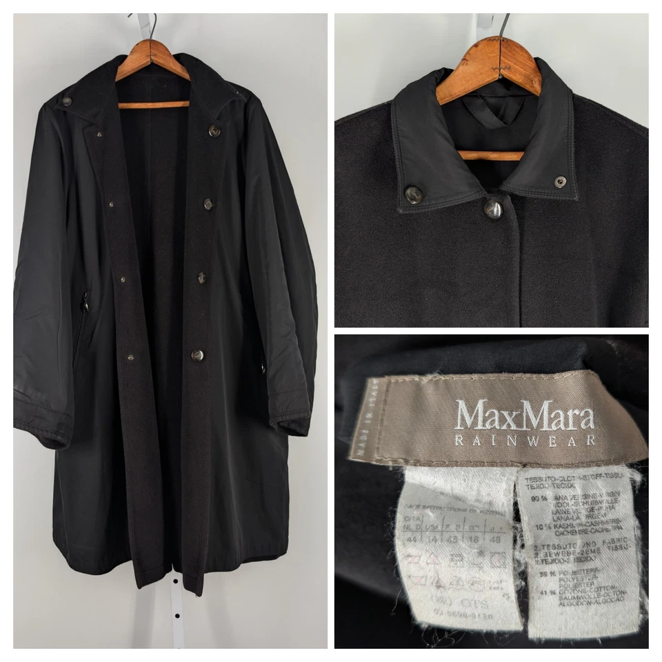 Vintage MaxMara Rainwear Reversible Wool Cashmere Fleece Coat Black Italy US 10 - Image 1 of 4