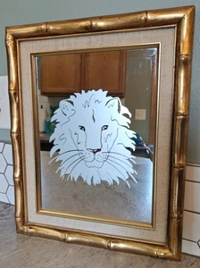 Vintage Frosted Lion Etched Glass Mirror Wall Art Decor Gold Bamboo Frame 13x16" - Picture 1 of 14