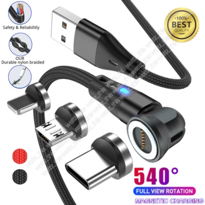 3 Pack Magnetic Phone Fast Charger Cable 540°Rotate For Micro USB/Type C/iPhone - Image 1 of 4