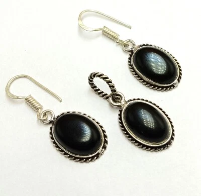 Compra conjunto de pendientes y colgantes de piedras preciosas de ónix negro enchapados en plata de ley 925 joyas Foto 1 de 4